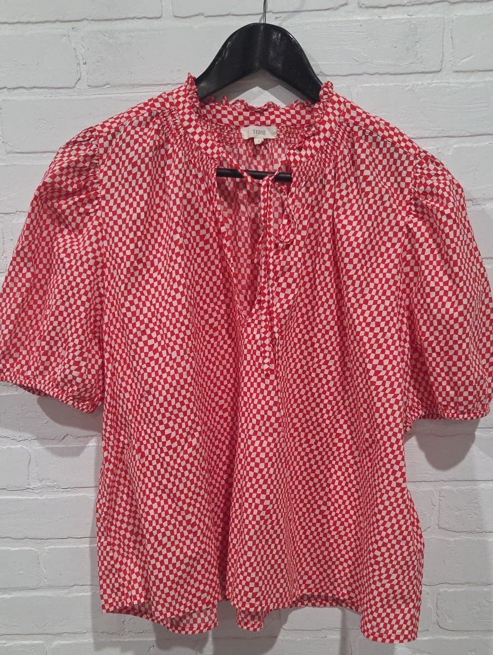 Yerse Short-Sleeve Checker Blouse
